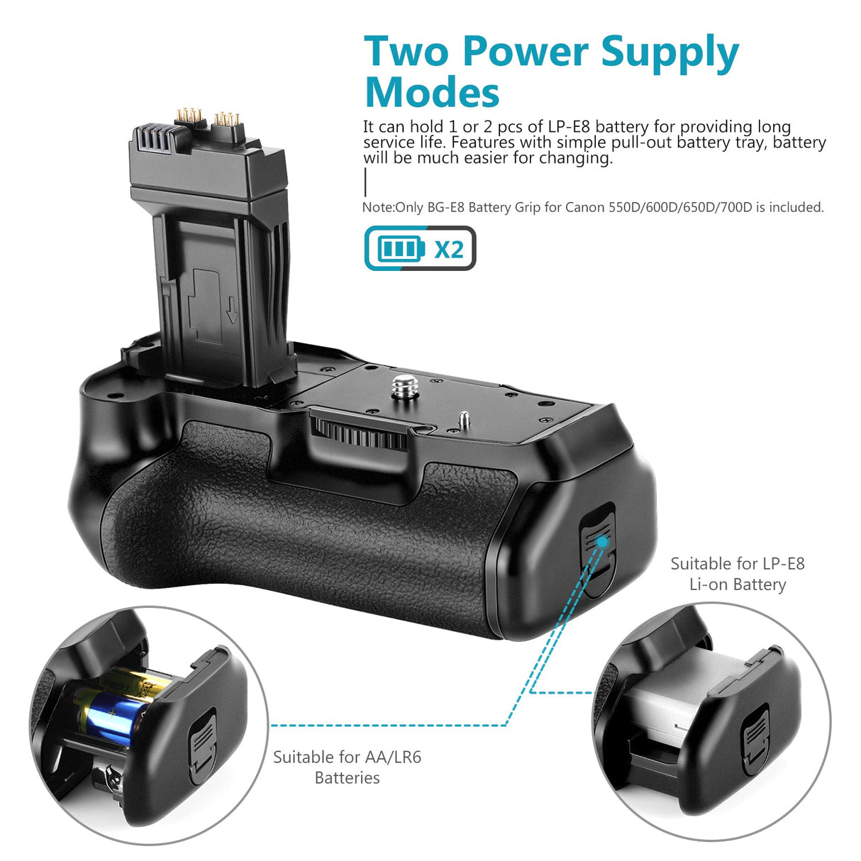 NEEWER BG-E8 Replacement Battery Grip for Canon EOS 550D/600D/650D/700D Rebel T2i/T3i/T4i/T5i