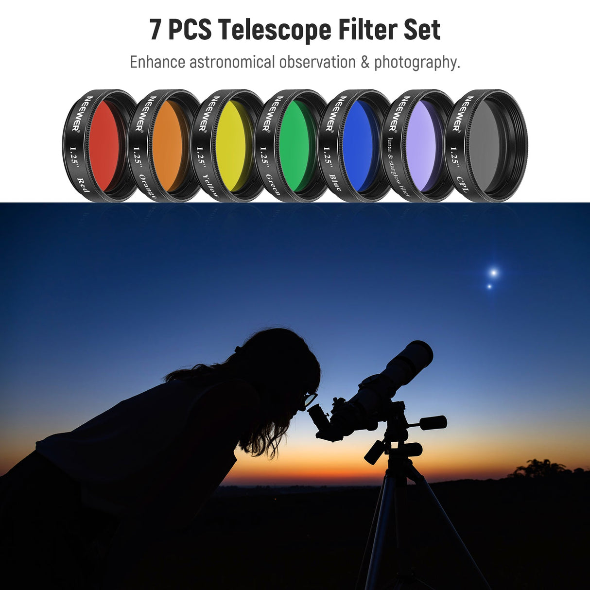 NEEWER 1.25" Telescope Moon Filter CPL Filter & 5 Color Filters