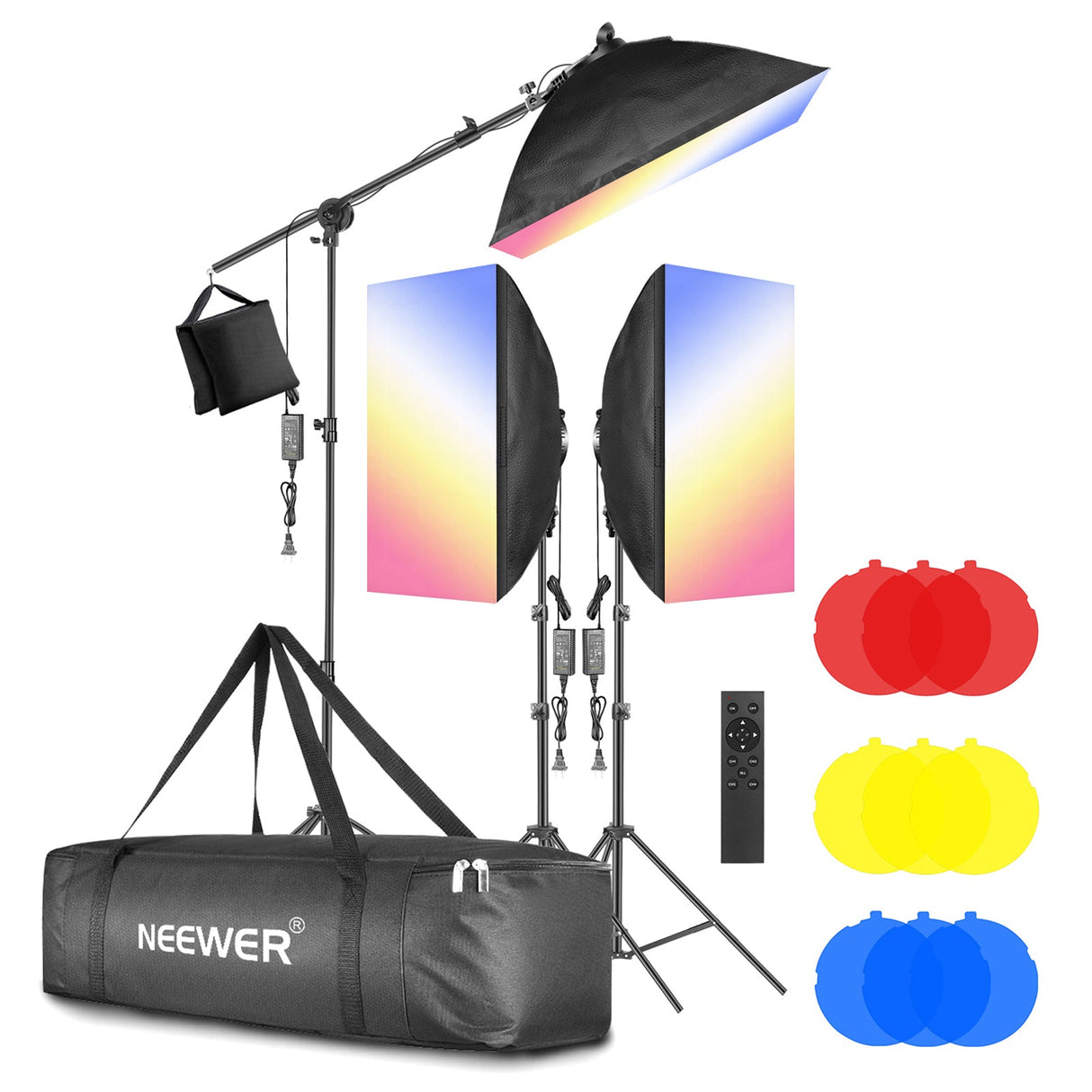 NEEWER 3-Pack 2.4G LED Softbox Lighting Kit with Color Filter