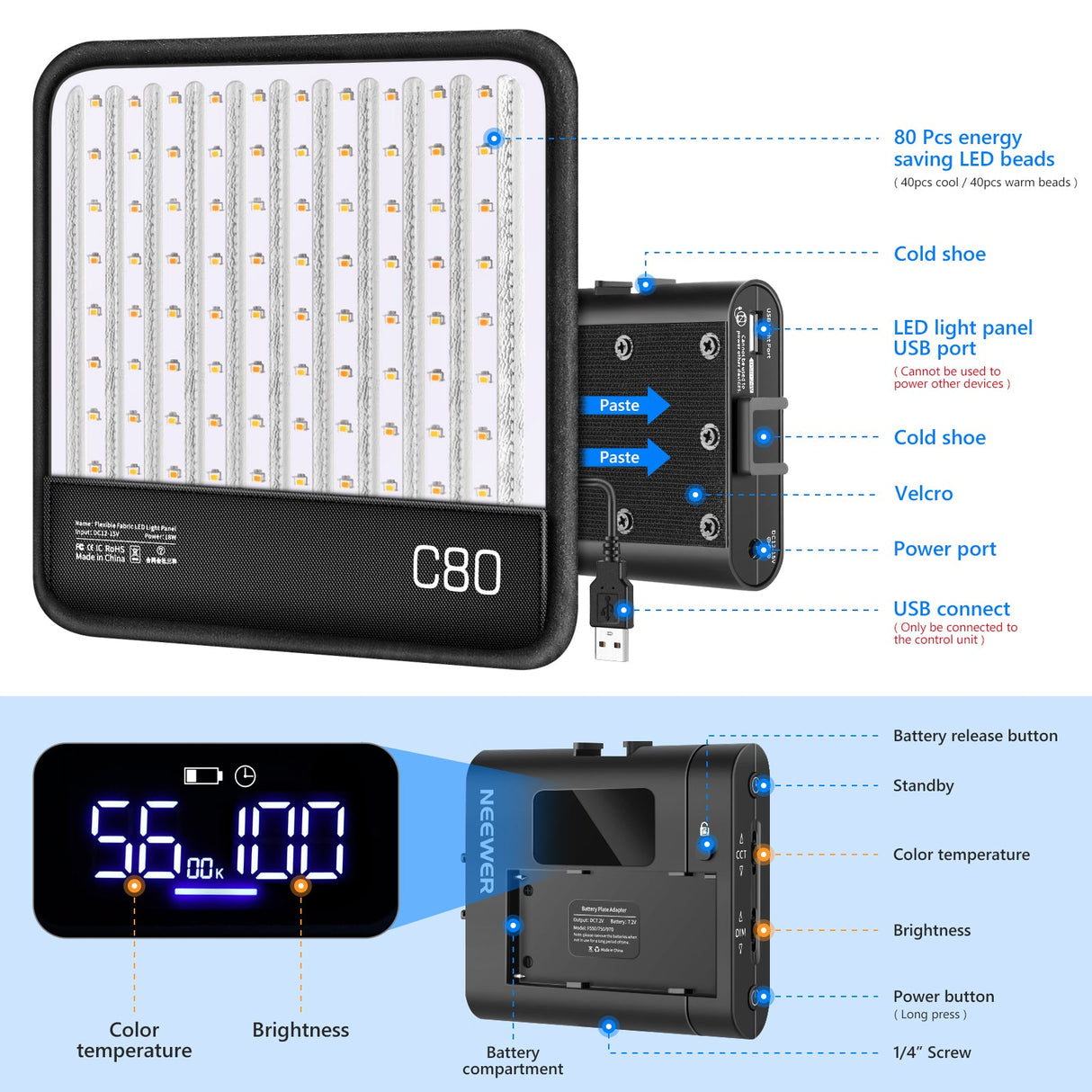 Neewer C80 Dimmable Bi-Color CRI97+Foldable LED Light Panel Kit