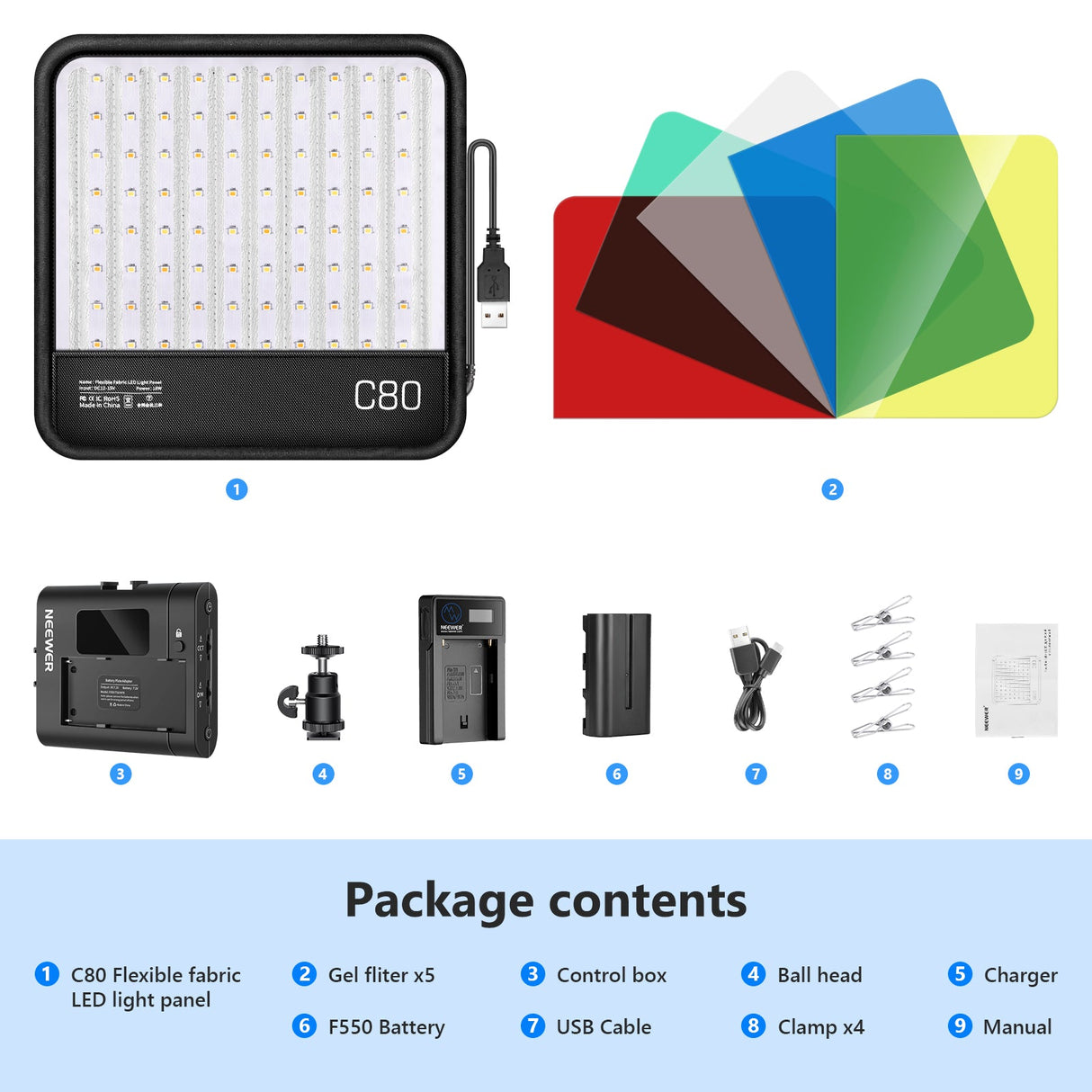 Neewer C80 Dimmable Bi-Color CRI97+Foldable LED Light Panel Kit