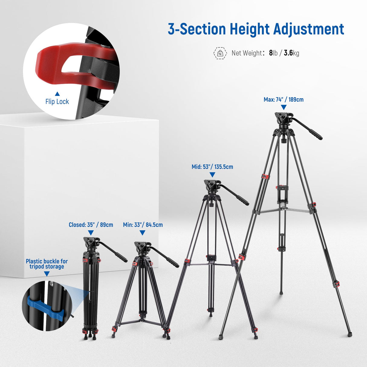 NEEWER GM88 74" Heavy Duty Aluminum Alloy Video Tripod