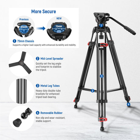 NEEWER GM88 74" Heavy Duty Aluminum Alloy Video Tripod