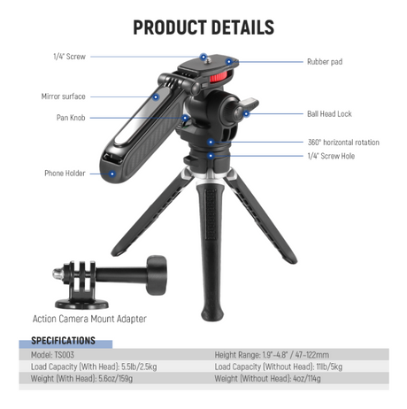 NEEWER TS003 Mini Tripod for Camera and Phone with Handle