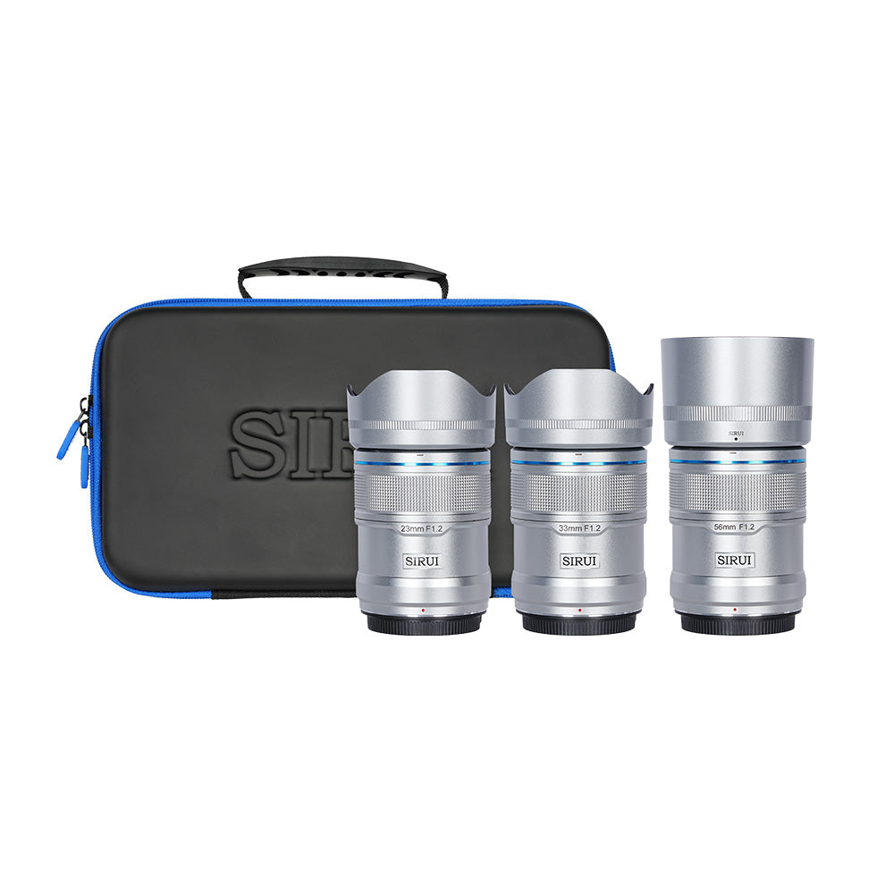 f1.2 sirui sniper lens, APS-C Frame AF Lens, silver 3-Piece Lens Kit with 23mm, 33mm, 56mm Lenses and Lens Case, Lens Hood and Warranty Card