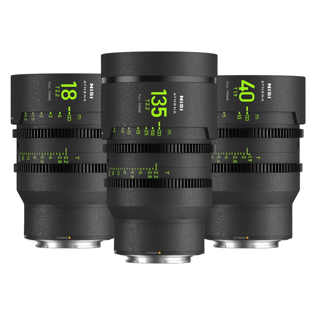 NiSi ATHENA PRIME Full Frame Cinema Lens ADD-ON Kit with 3 Lenses 18mm T2.2, 40mm T1.9, 135mm T2.2 + Hard Case (E Mount | No Drop In Filter)