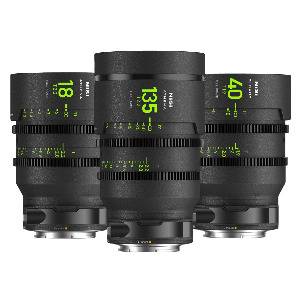 NiSi ATHENA PRIME Full Frame Cinema Lens ADD-ON Kit with 3 Lenses 18mm T2.2, 40mm T1.9, 135mm T2.2 + Hard Case (E Mount)