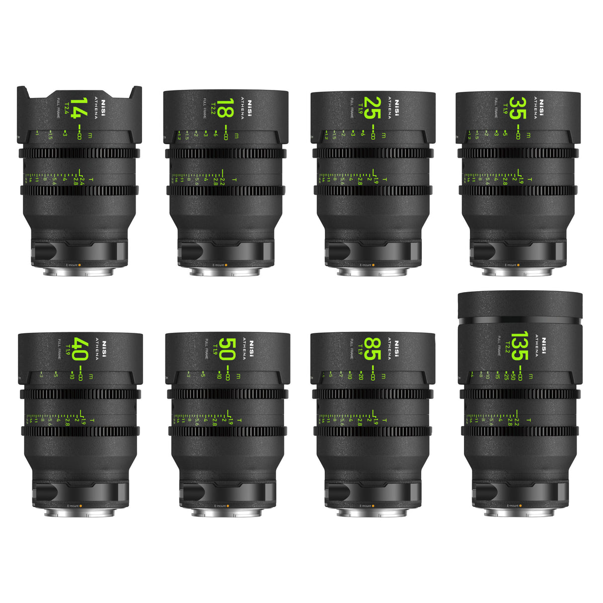 NiSi ATHENA PRIME Full Frame Cinema Lens MASTER Kit with 8 Lenses 14mm T2.4, 18mm T2.2, 25mm T1.9, 35mm T1.9, 40mm T1.9, 50mm T1.9, 85mm T1.9, 135mm T2.2 + Hard Case (E Mount)