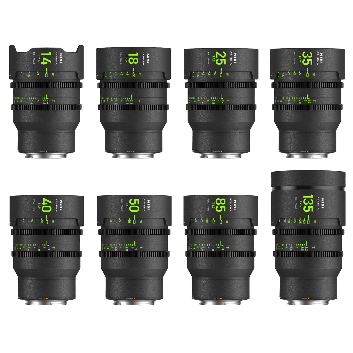 NiSi ATHENA PRIME Full Frame Cinema Lens MASTER Kit with 8 Lenses 14mm T2.4, 18mm T2.2, 25mm T1.9, 35mm T1.9, 40mm T1.9, 50mm T1.9, 85mm T1.9, 135mm T2.2 + Hard Case (E Mount | No Drop In Filter)