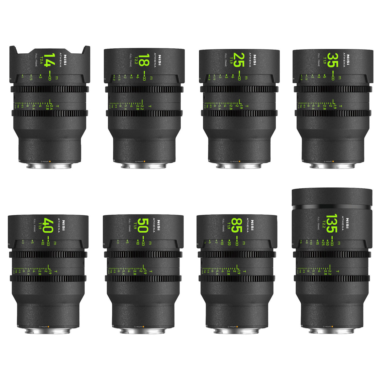 NiSi ATHENA PRIME Full Frame Cinema Lens MASTER Kit with 8 Lenses 14mm T2.4, 18mm T2.2 , 25mm T1.9, 35mm T1.9, 40mm T1.9, 50mm T1.9, 85mm T1.9, 135 T2.2 + Hard Case (G Mount | No Drop In Filter)