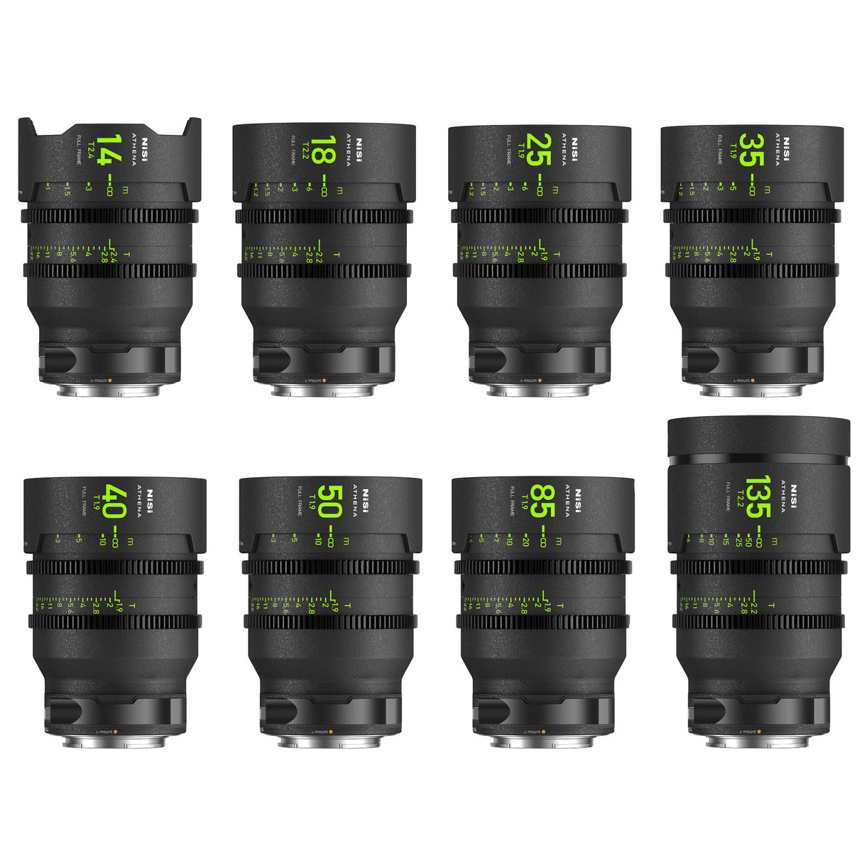 NiSi ATHENA PRIME Full Frame Cinema Lens MASTER Kit with 8 Lenses 14mm T2.4, 18mm T2.2, 25mm T1.9, 35mm T1.9, 40mm T1.9, 50mm T1.9, 85mm T1.9 135mm T2.2 + Hard Case (L Mount)