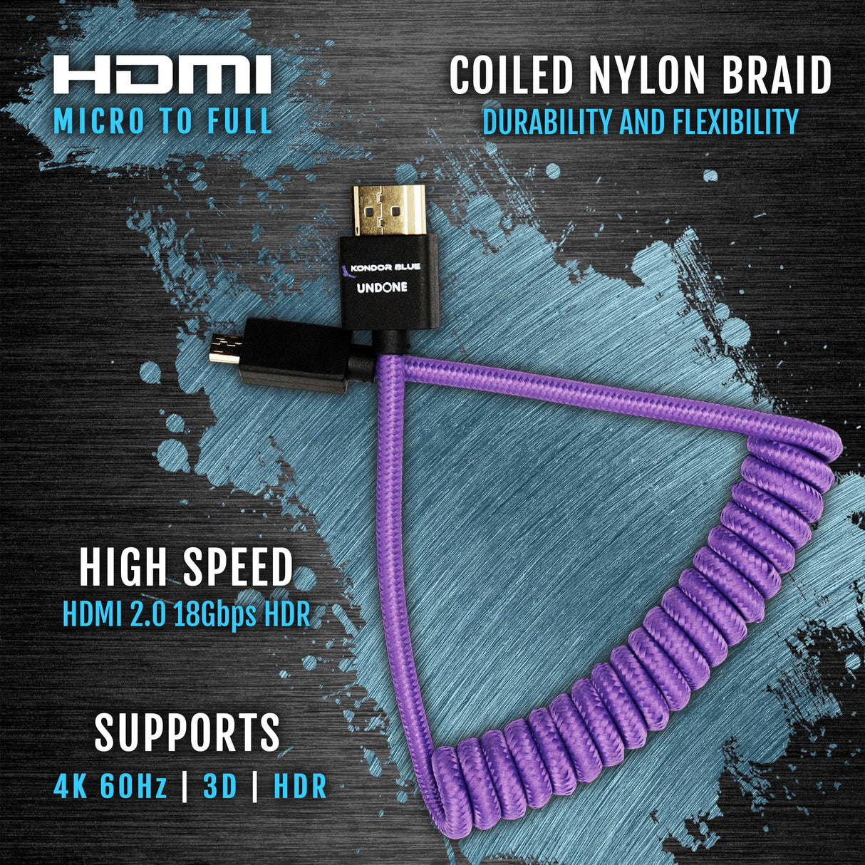 Gerald Undone MK2 Micro HDMI to Full HDMI Cable 12"-24" Coiled (Purple)