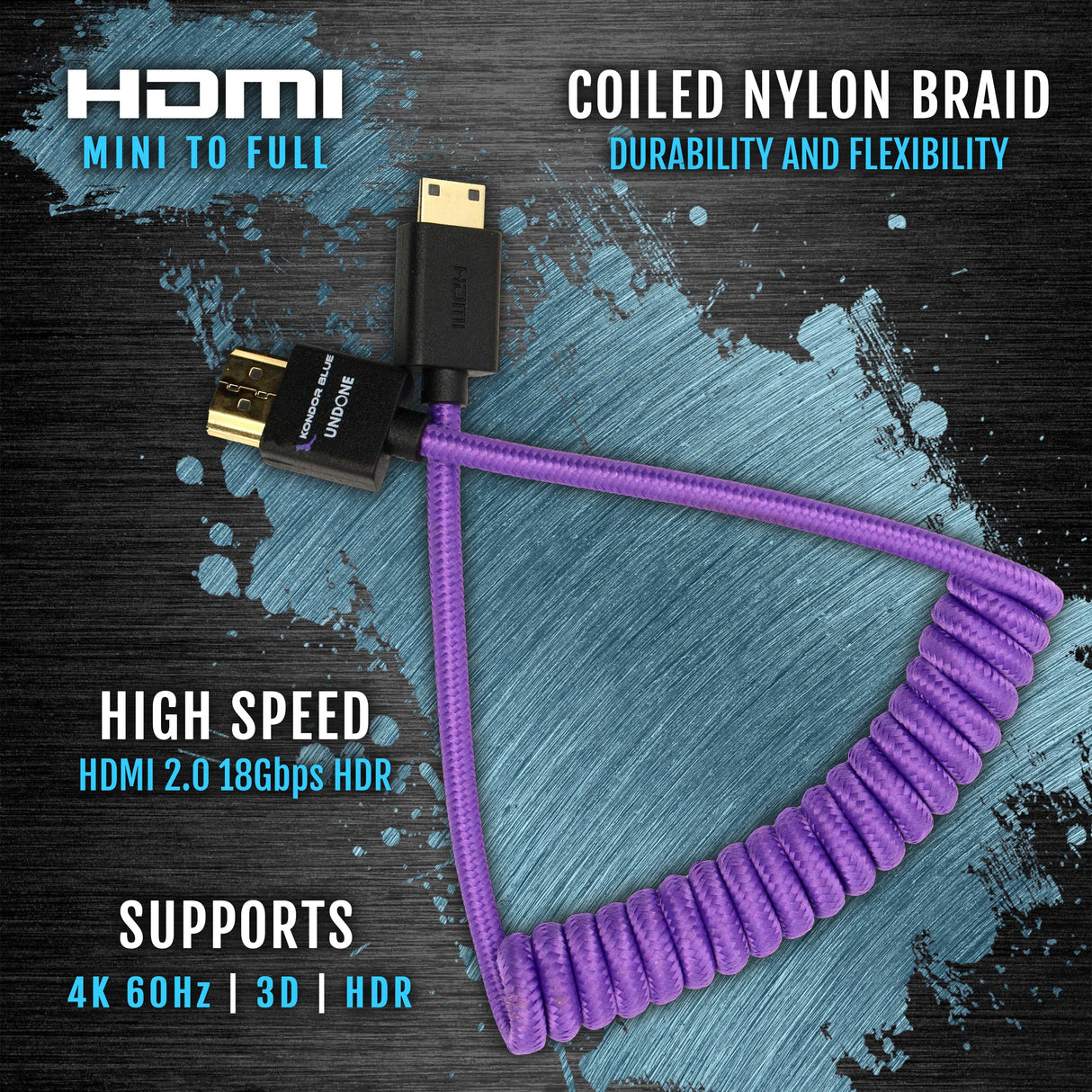 Gerald Undone MK2 Mini HDMI to Full HDMI Cable 12"-24" Coiled (Purple)