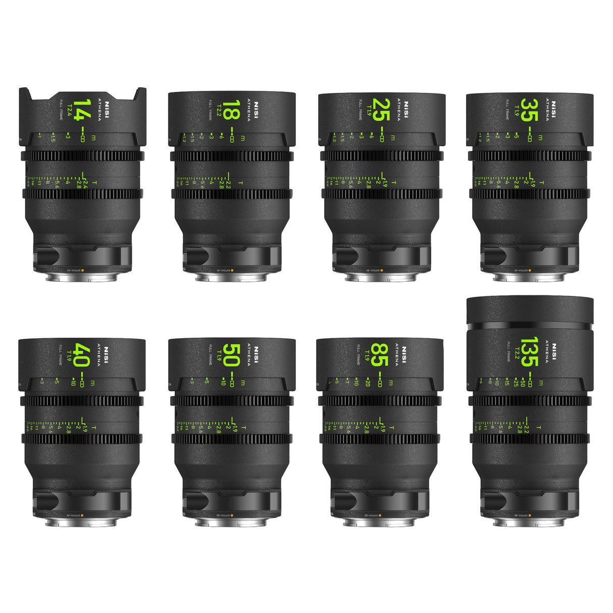 NiSi ATHENA PRIME Full Frame Cinema Lens MASTER Kit with 8 Lenses 14mm T2.4, 18mm T2.2, 25mm T1.9, 35mm T1.9, 40mm T1.9, 50mm T1.9, 85mm T1.9, 135mm T2.2 + Hard Case (RF Mount)