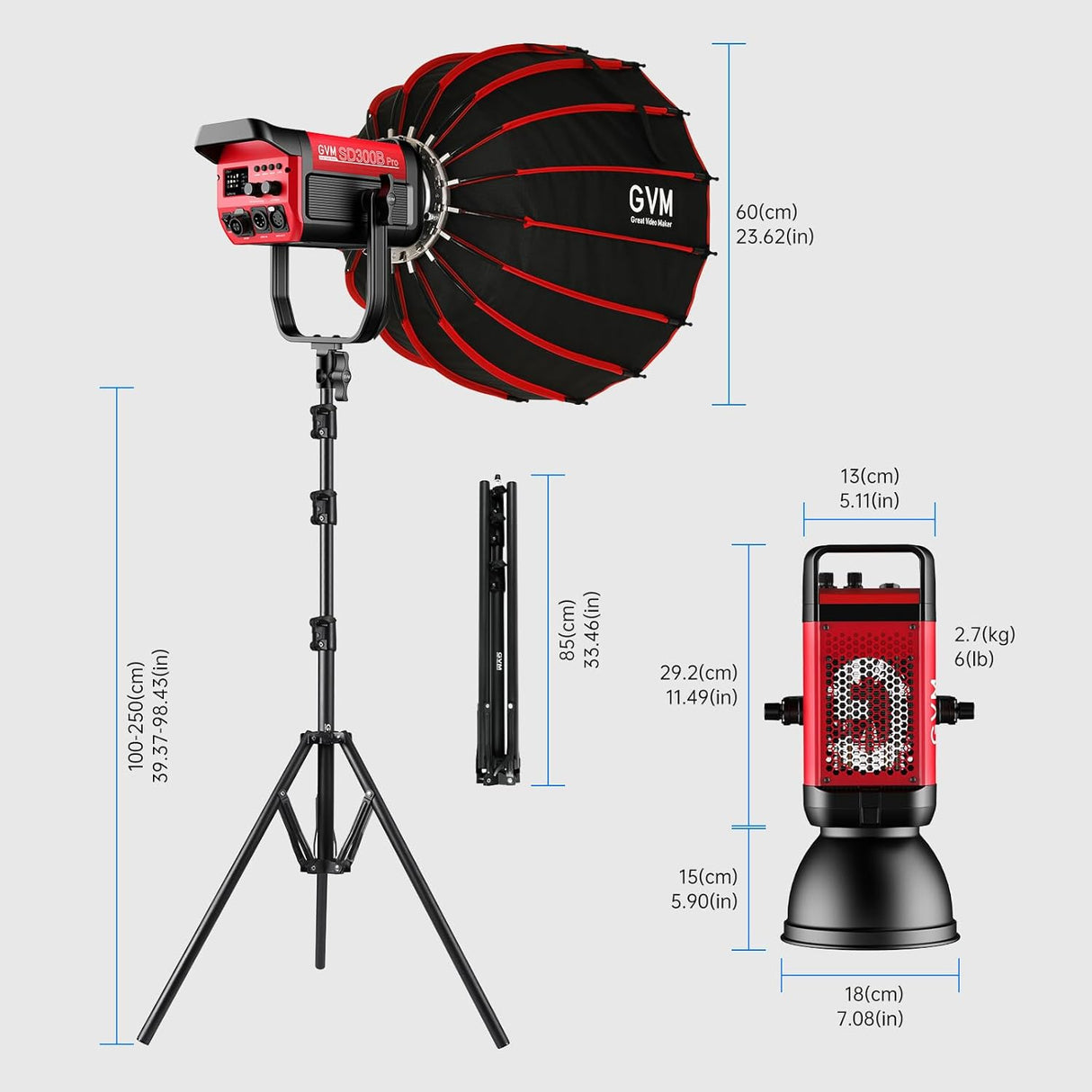 GVM PRO-SD300B 300W Bi-Color Monolight V-mount Mesh Bluetooth