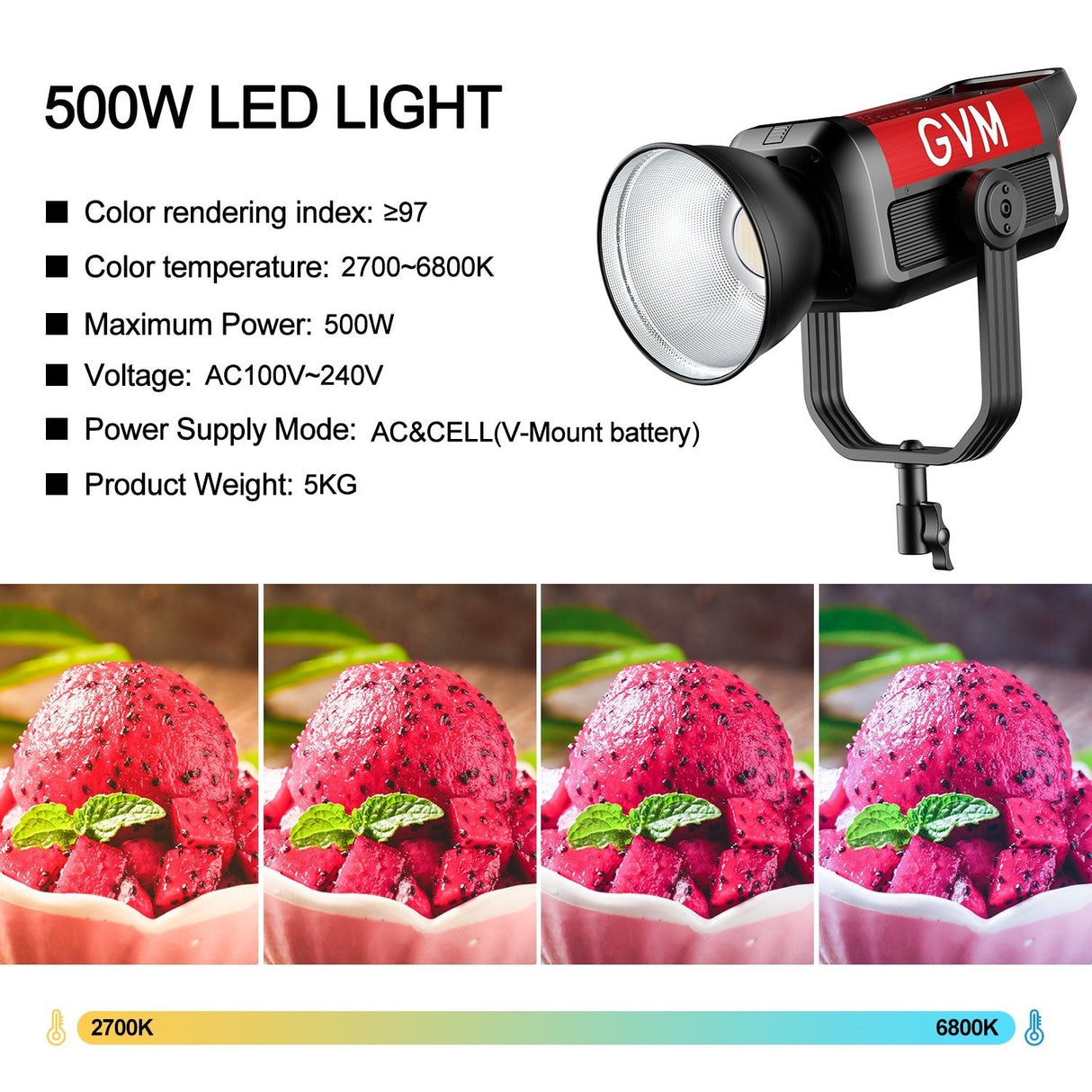 GVM PRO-SD500B 500W Waterproof Bi-Color Monolight(V-mount & Mesh Bluetooth)