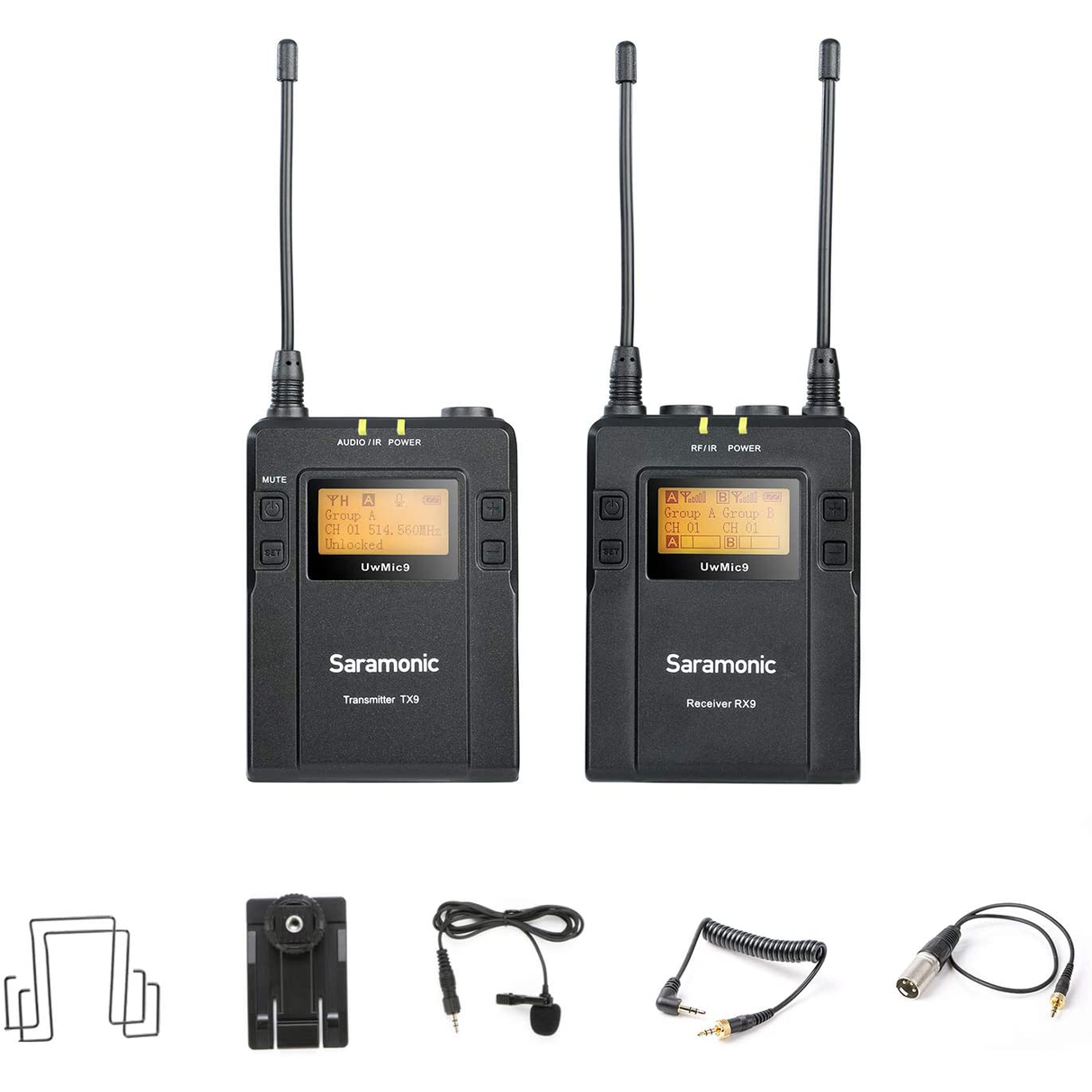 UwMic9 RX9+TX9 Wireless UHF Lavalier Microphone System with Dual-Channel Camera-Mountable Receiver